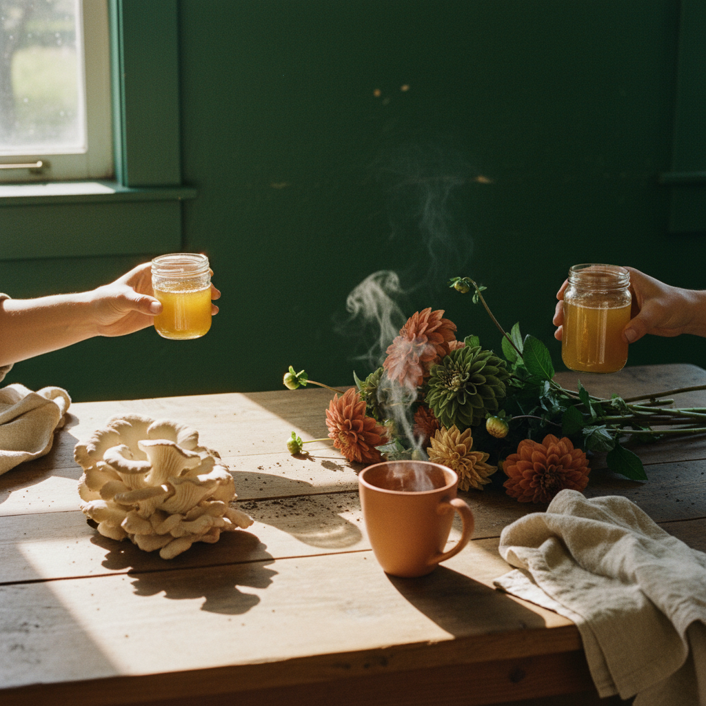 Jars, cut flowers, and bagged goods on the market counter with morning light behind